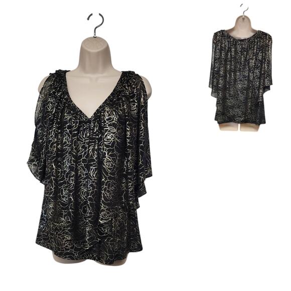 Coco Bianco Women’s Floral Print Top Flutter Sleeve Black/Silver Blouse Size M - Picture 1 of 9